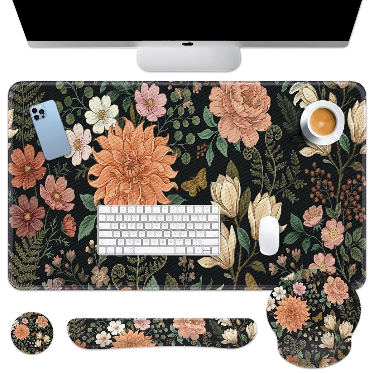 Arttown Keyboard Mouse Pad Set, 4 in 1 Desk Mat Set Floral Spring