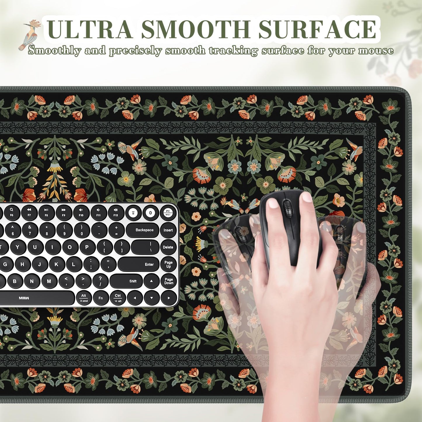 iCasso Floral Desk Mat,Mouse Pad for Office Decor,35.4x15.7in,Black