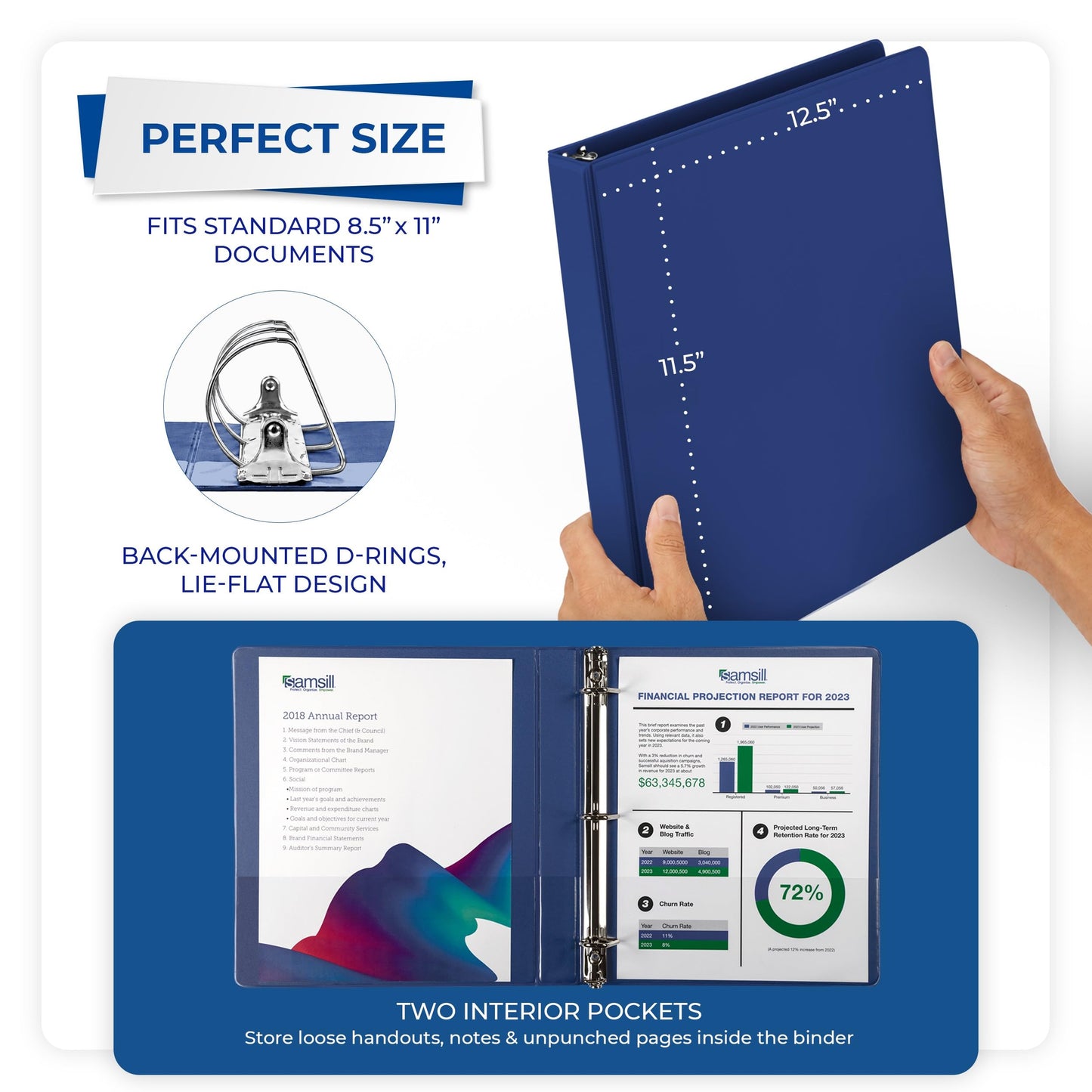 Samsill Durable 1 inch 3 Ring Binder, D Ring Binder, 100% Recycled Chipboard, Blue, 4 Pack