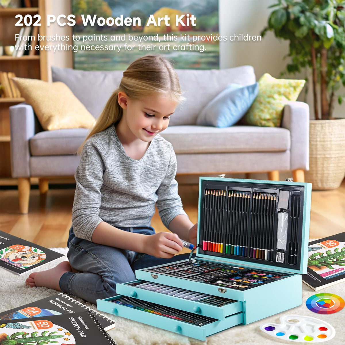 Shuttle Art Deluxe Gift Art Kit, 202-Piece Wooden Art Supplies Set with 4 Drawing Pads, Canvases