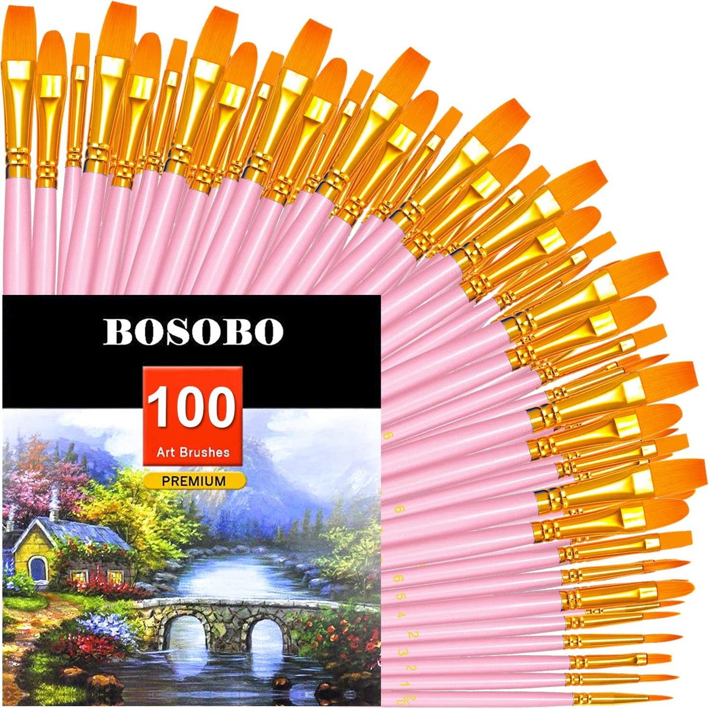 BOSOBO Paint Brushes Set, 10 Pack 100 Pcs Round Pointed Tip Paintbrushes Nylon Hair Artist Acrylic