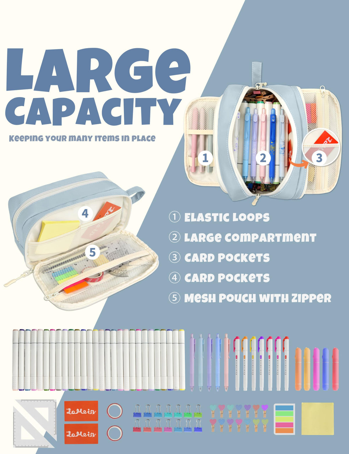 SUNEE Large Pencil Case, Big Capacity Pen Pouch with 3 Compartments, Kawaii Cute Pencil Bag with
