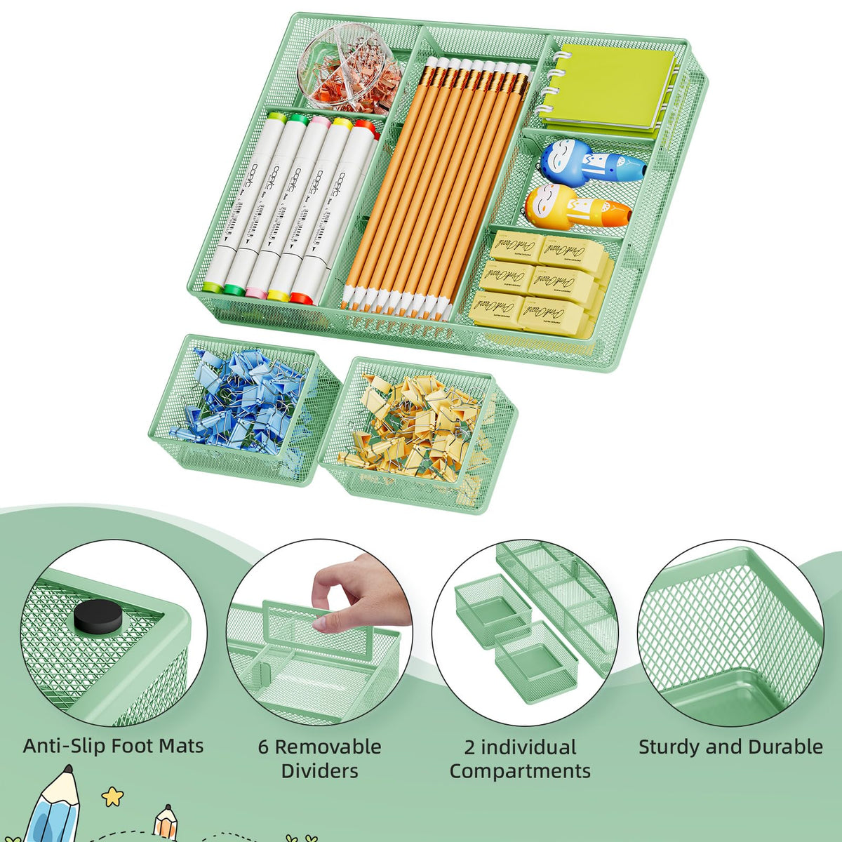 Marbrasse Mesh Desk Drawer Organizer Tray 3 Packs, Green