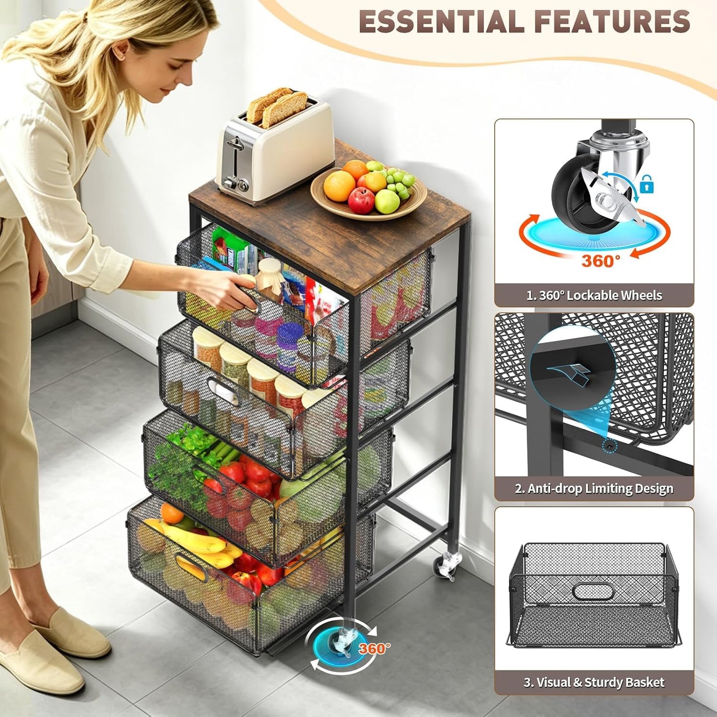 SUNALLY Kitchen Storage Cart with Drawers,Metal Snack Cart Organizer,Black
