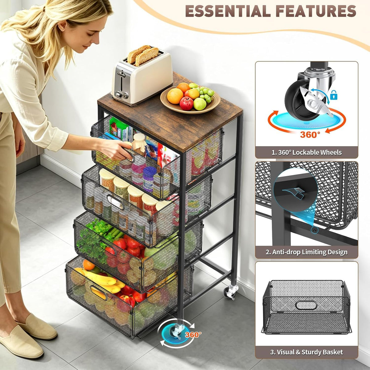 SUNALLY Kitchen Storage Cart with Drawers,Metal Snack Cart Organizer,Black