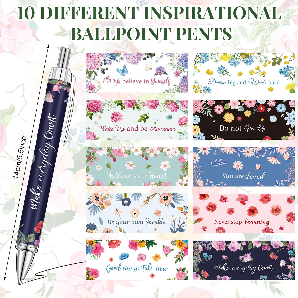 Yeaqee 50 Pcs Motivational Pens Bulk Inspirational Quotes,Flower Style