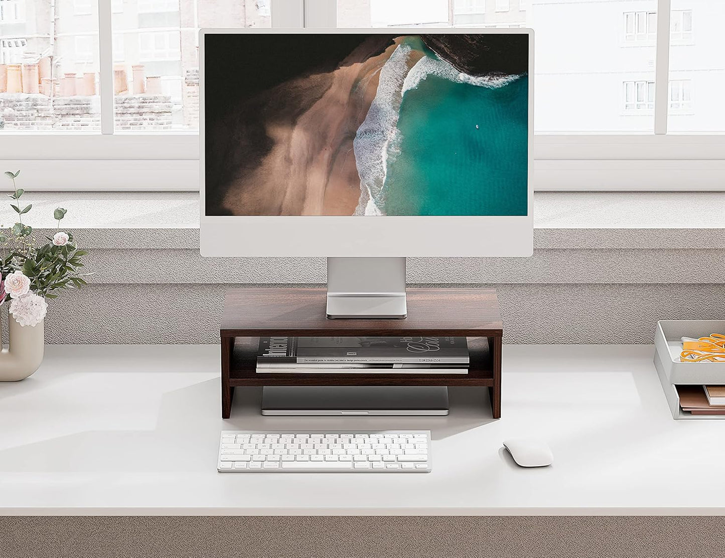 FITUEYES Wooden Monitor Stand Riser, 2-Tier Desk Storage Shelf, Brown