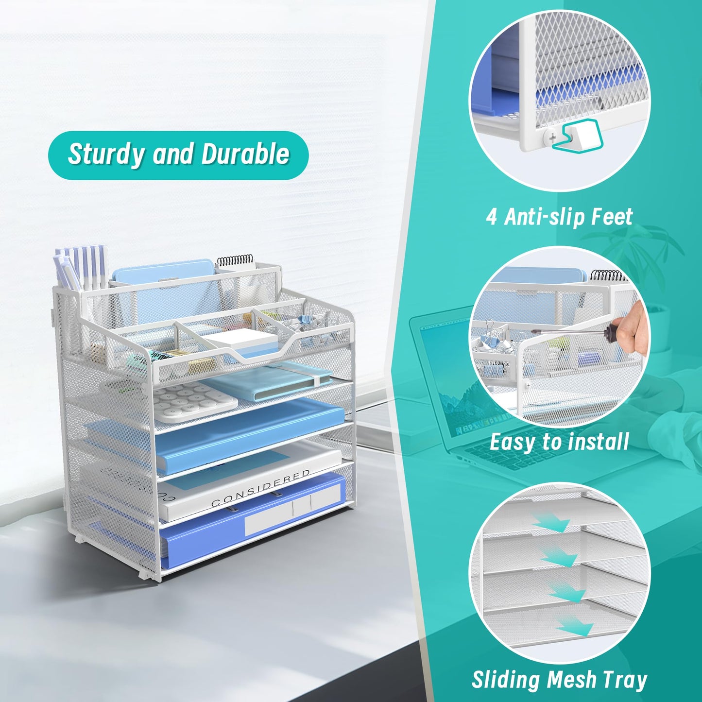 OrgMate 5 Tier Mesh Paper Desk Organizer with Pen Holders, White