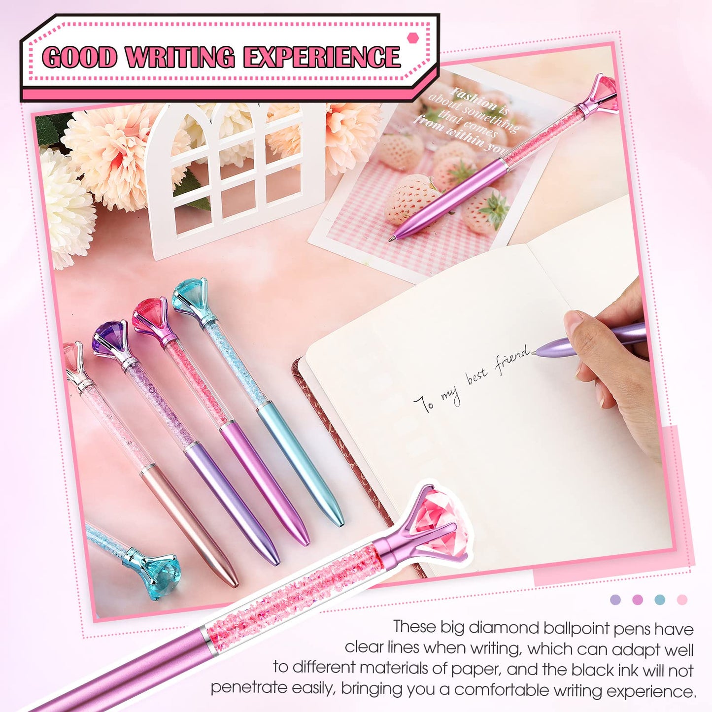 Leinuosen 48 Pcs Big Crystal Diamond Pens Bulk Bling Black Ink Rhinestones Ballpoint Pen Bridal