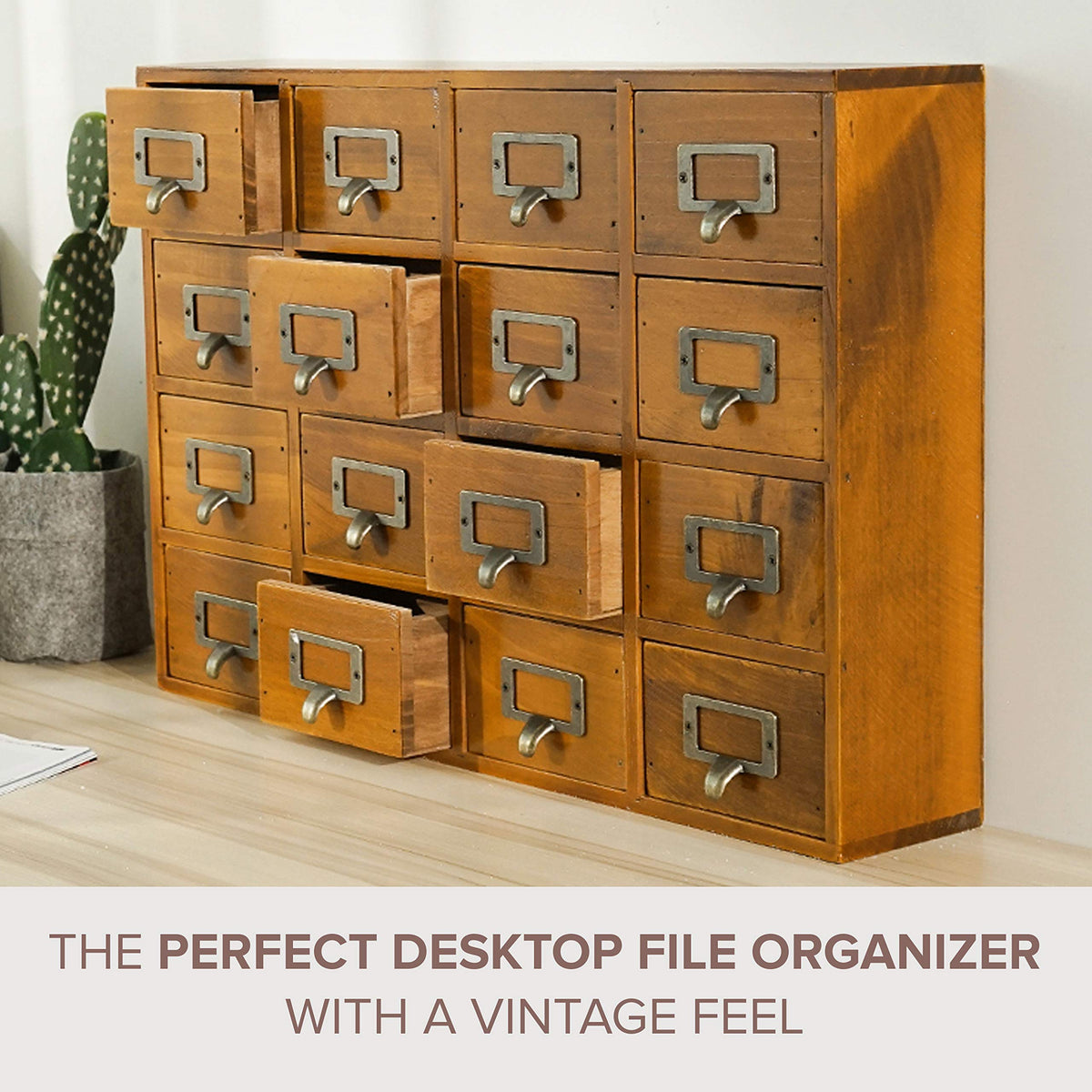 Card Catalog Desk Drawer Organizer - Wooden Storage Box with 16 Drawers - Home Office Desk