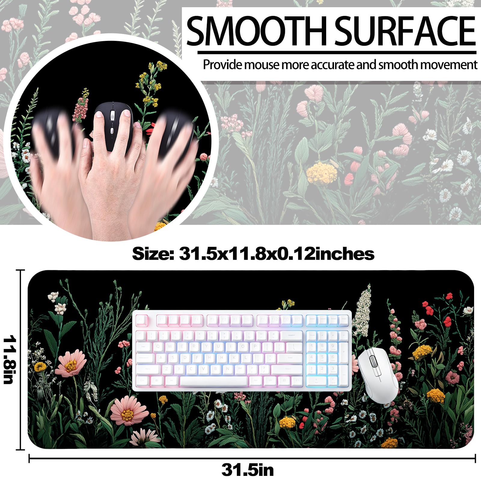 JIANG100 Blooming Wildflowers Gaming Desk Mat, Extended Flower Mouse Pad