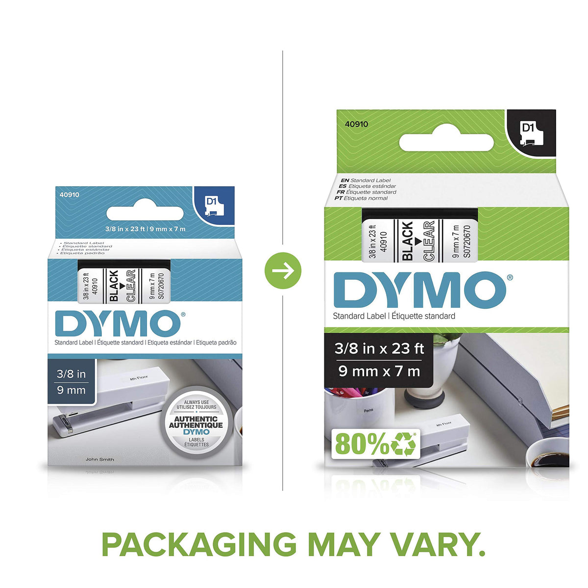 DYMO Standard D1 40910 Labeling Tape (Black Print on Clear Tape, 3/8'' W x 23' L, 1 Cartridge)