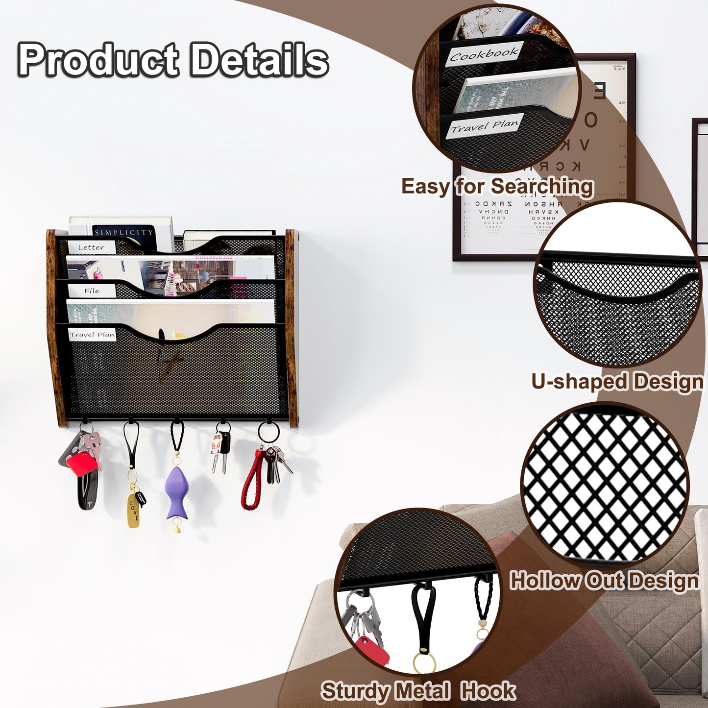 PAG-Mass Wall File Organizer With Hooks,3 Tier Mesh Mail Organizer Wall Mounted,Hanging File