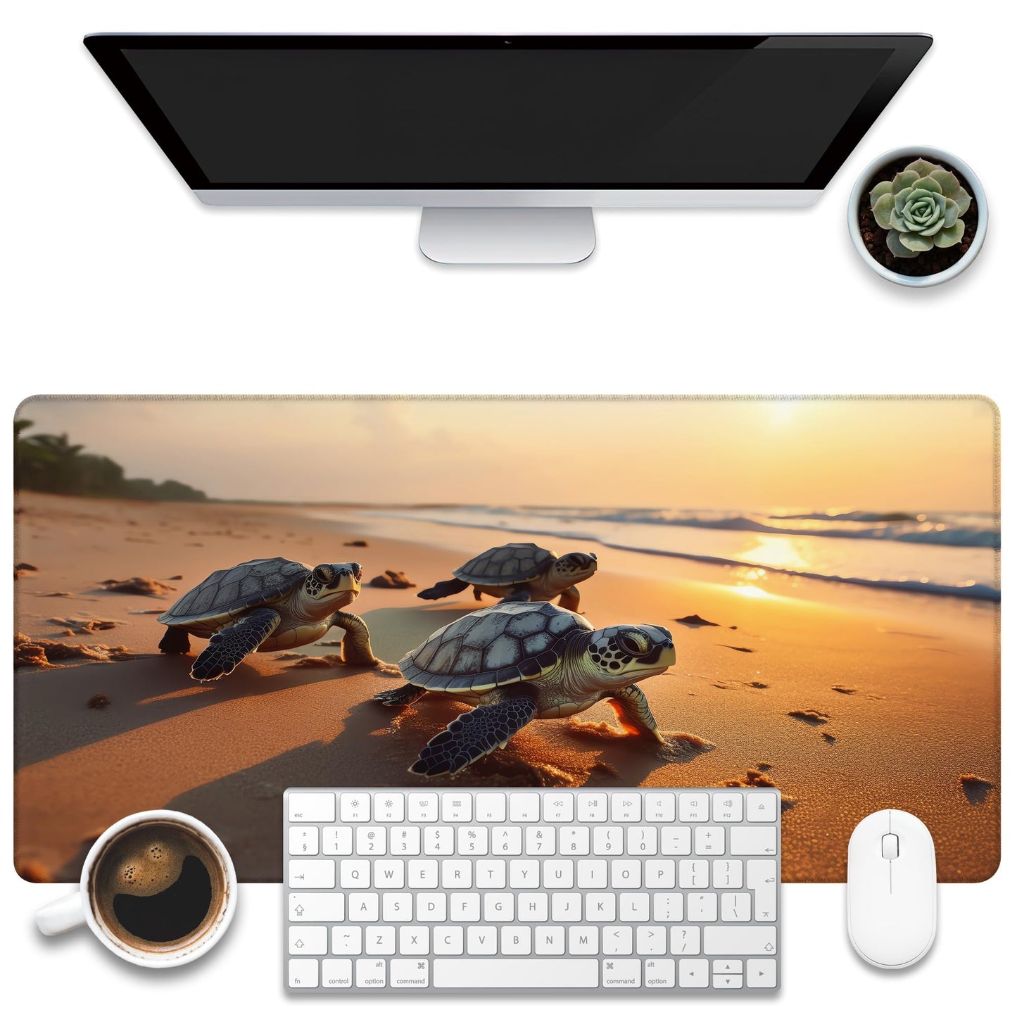 KOAIWPAE Large Gaming Mouse Pad for Desk, Baby Turtles On Beach Desk Mat, Cute Sea Turtle Desk Pad