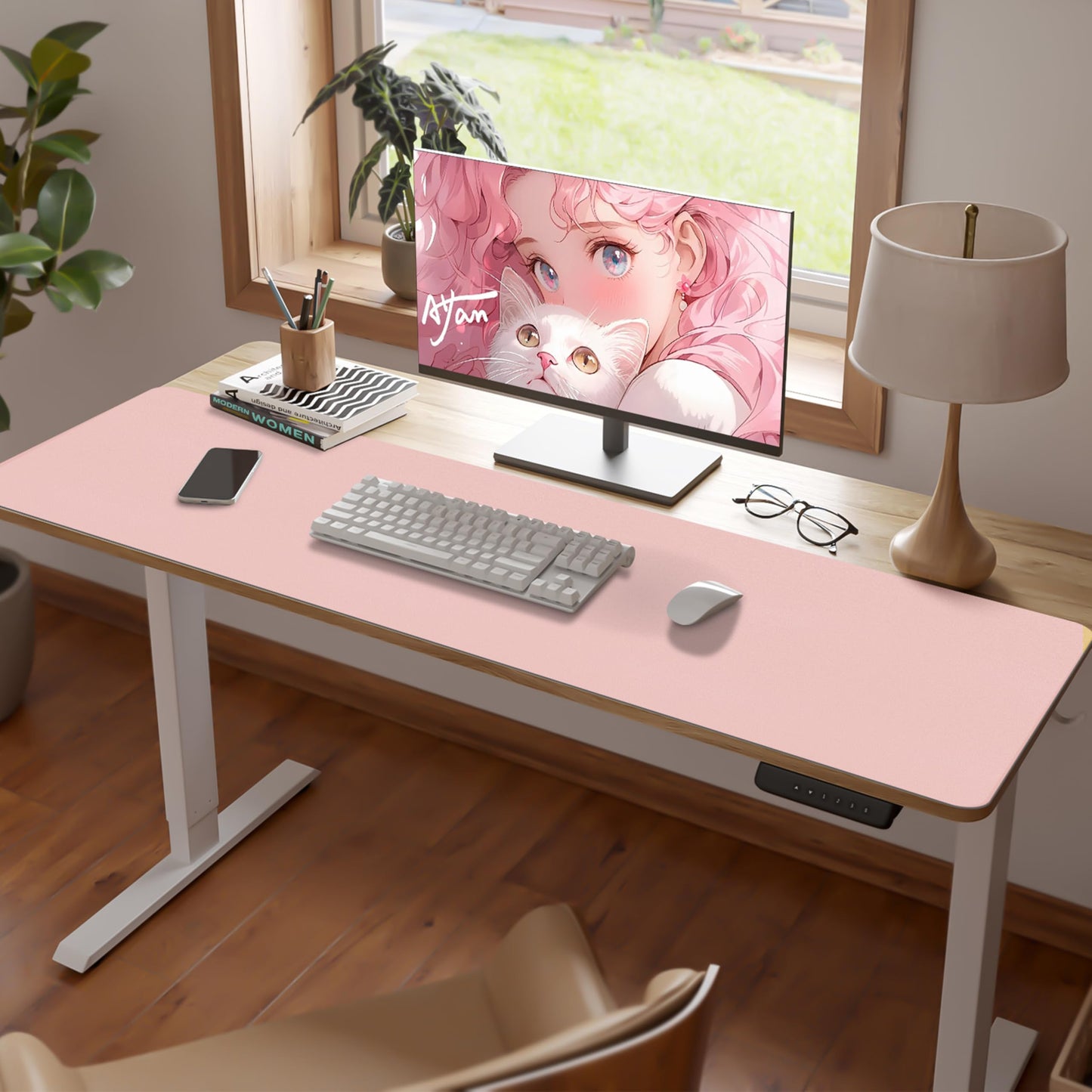 Meetcolor Leather Desk Pad Mat, Large Pink Desk Mat, 47.2" x 16.9"