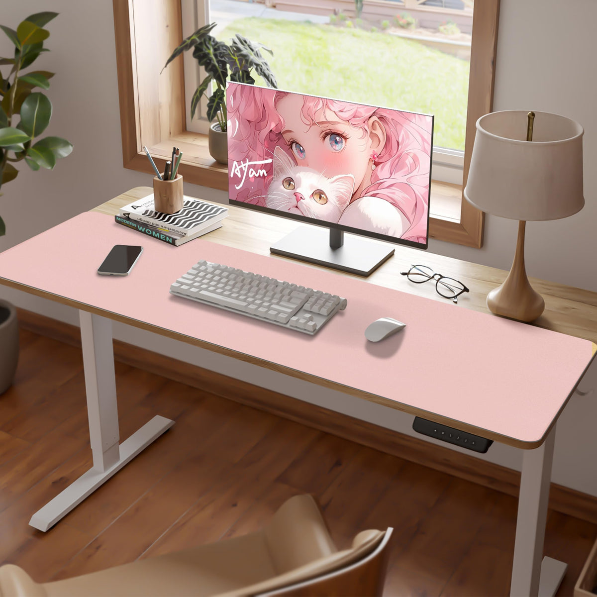 Meetcolor Leather Desk Pad Mat, Large Pink Desk Mat, 47.2" x 16.9"