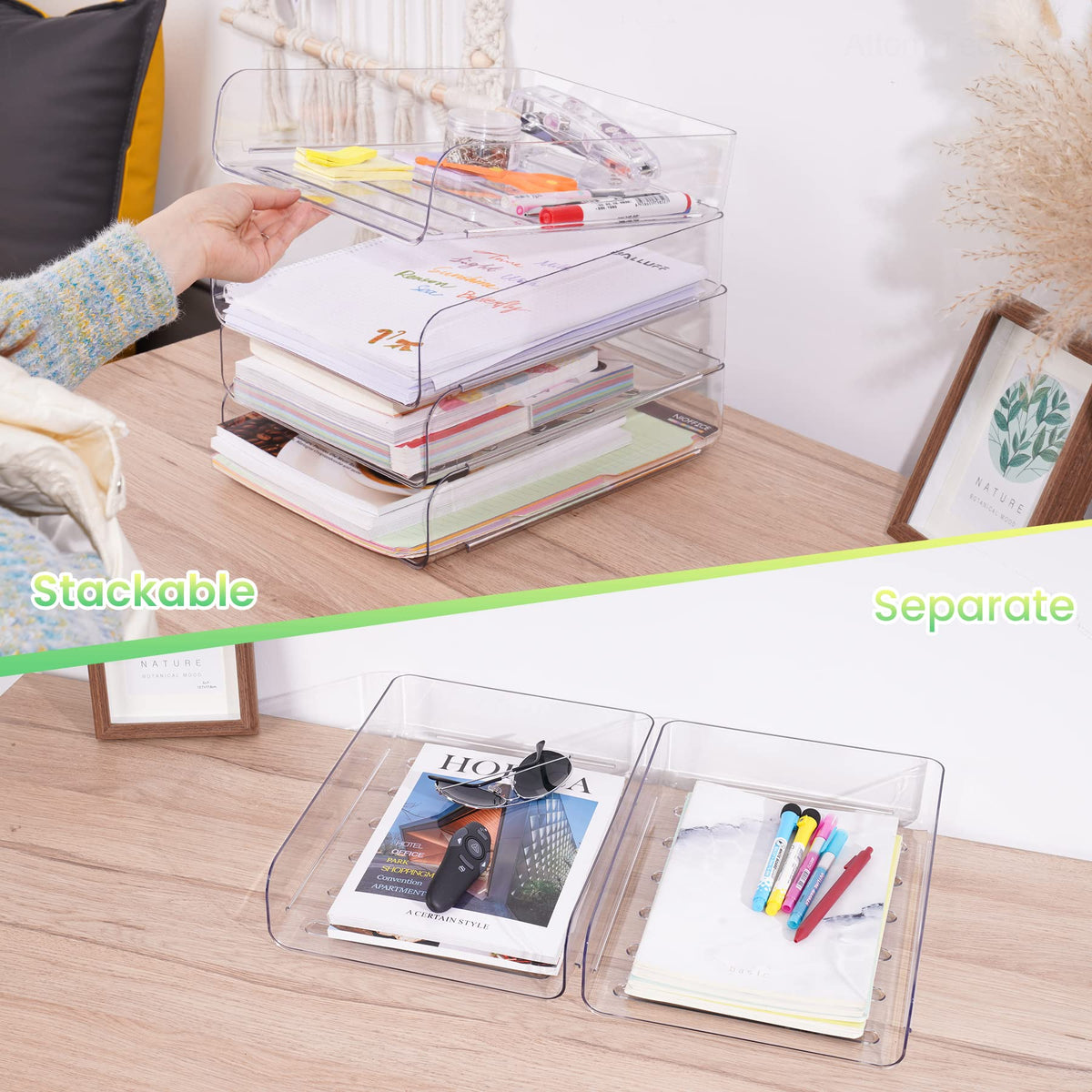 Tomorotec 4 Pack Clear Stackable Letter Tray, A4 Desk File Organizer Set