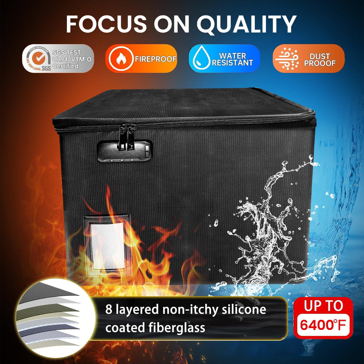 Large Fireproof Document File Organizer Box, 6400°F Fireproof Storage Filing Cabinet with Lock
