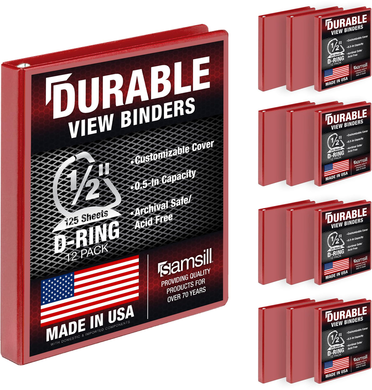 Samsill Durable 0.5 inch 3 Ring Binder, D Ring Binder,100% Recycled Chipboard, Red, 12 Pack