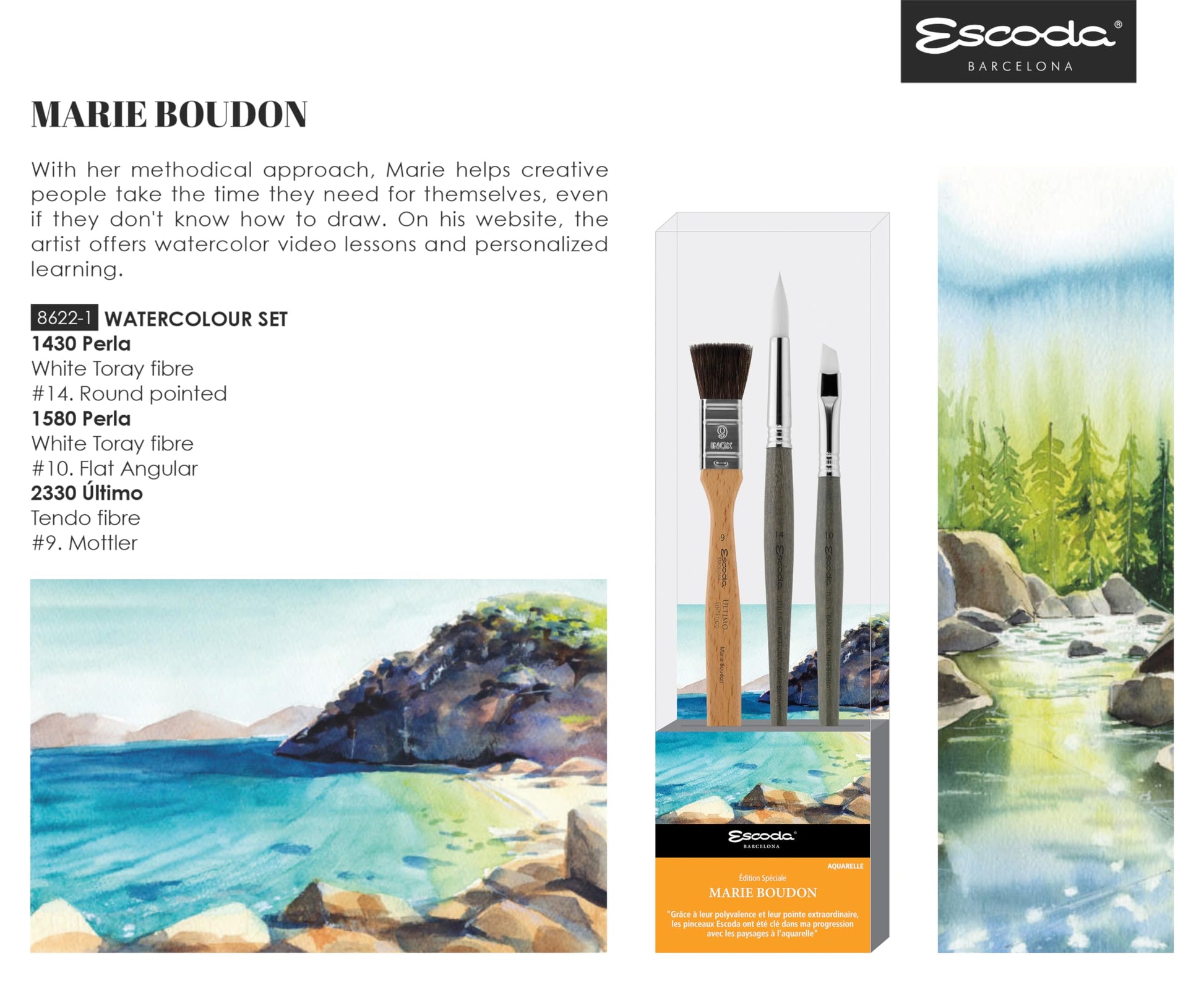 Escoda | Watercolour | Artist Set Marie Boudon | Size 9,10,14 | 3 Brushes | Synthetic White Toray +