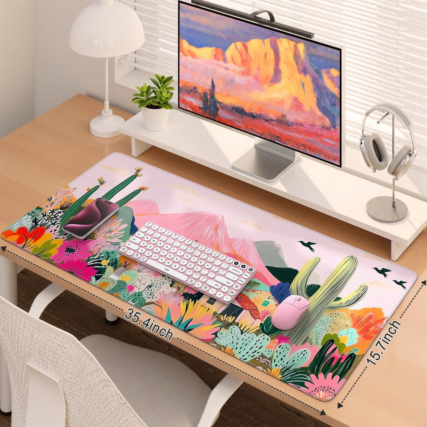 iCasso Desk Mat,Cute Mouse Pad for Desk,35"x16",Home Office, Cactus
