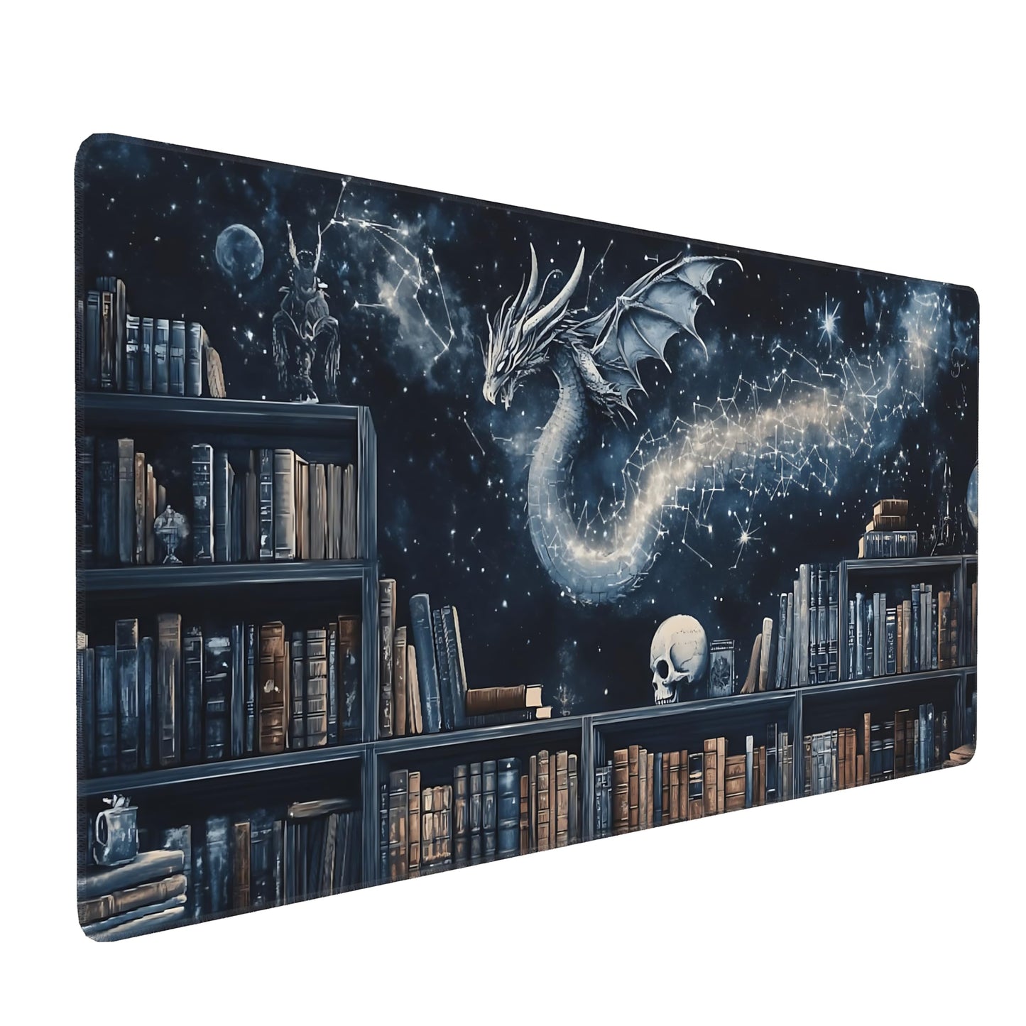 Aesthetic Dragon Gaming Mouse Pad, Black Blue Mystical Desk Mat with Anti-Slip Base & Stitched