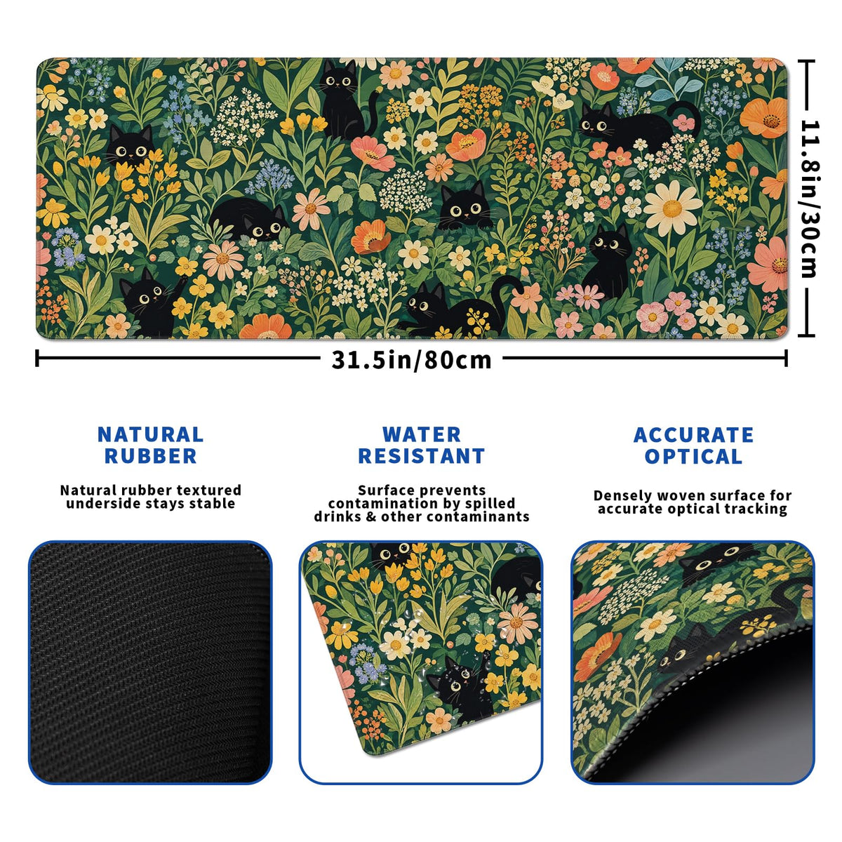 Cute Flower Cat Mouse Pad Abstract Flower Mouse Pad 31.5x11.8 Inch Texture Non-Slip Rubber Base
