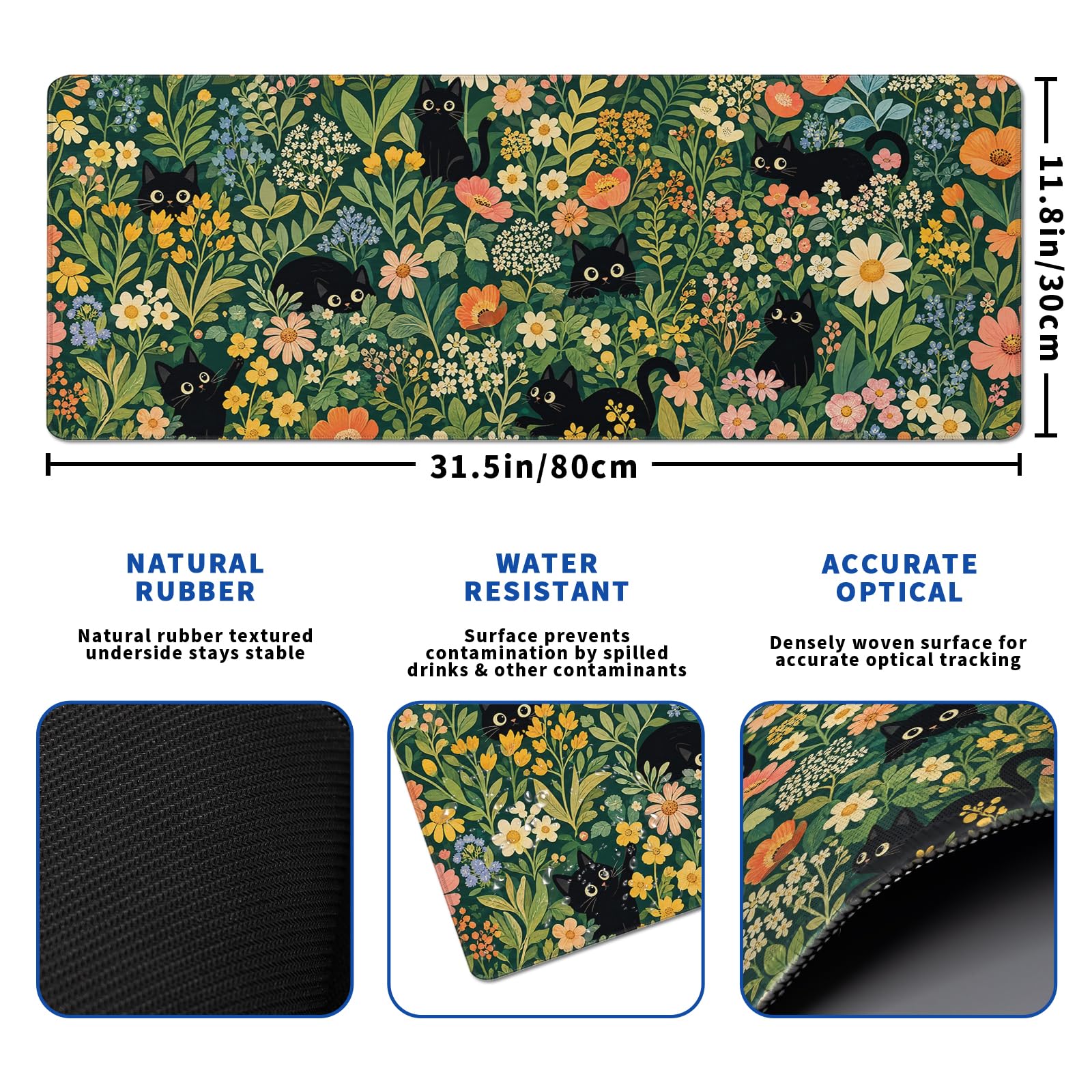 Cute Flower Cat Mouse Pad Abstract Flower Mouse Pad 31.5x11.8 Inch Texture Non-Slip Rubber Base