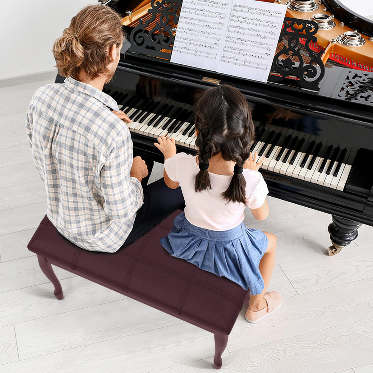 GIANTEX Duet Piano Bench with Storage, Keyboard Bench with Padded Cushion, Solid Wood Legs, Storage