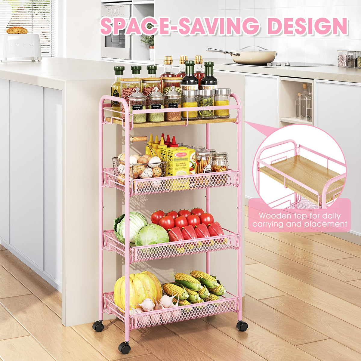 TOOLF 4-Tier Rolling Cart, Metal Utility Cart, Slide Out Storage Cart with Wooden Tabletop and Mesh