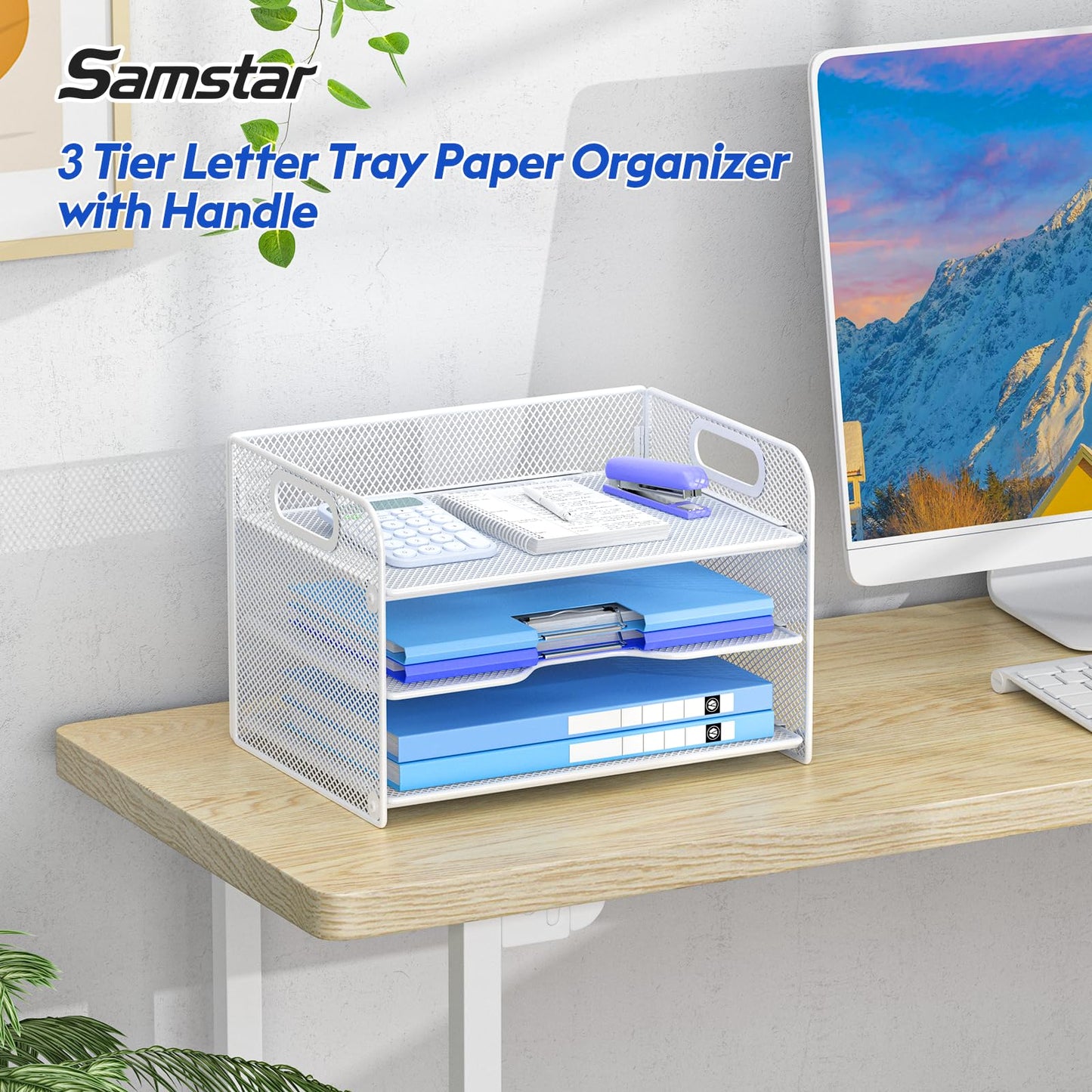 Samstar 3 Tier White Letter Tray Paper Organizer with Handle, Mesh Desk Organizer Paper Sorter File