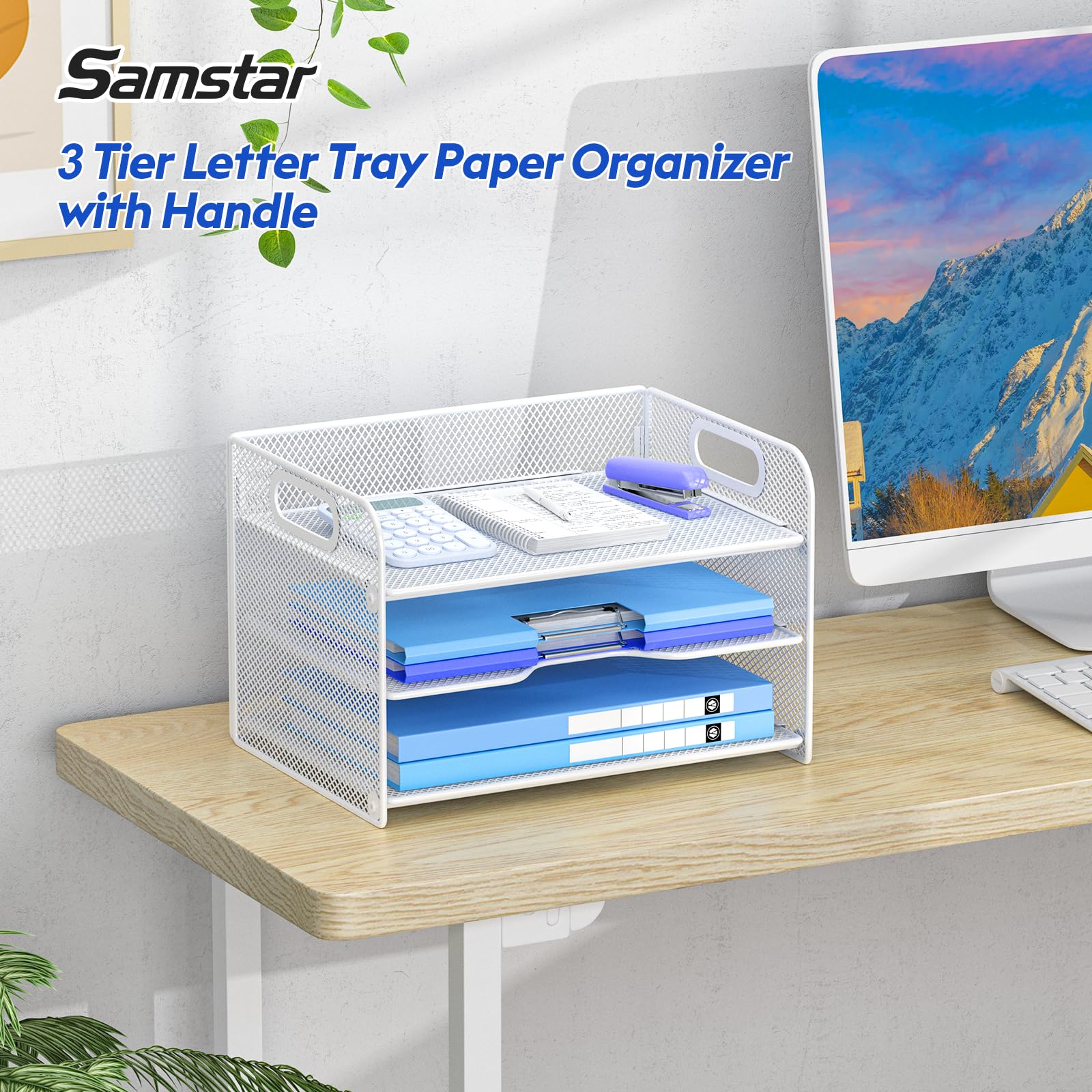 Samstar 3 Tier White Letter Tray Paper Organizer with Handle, Mesh Desk Organizer Paper Sorter File