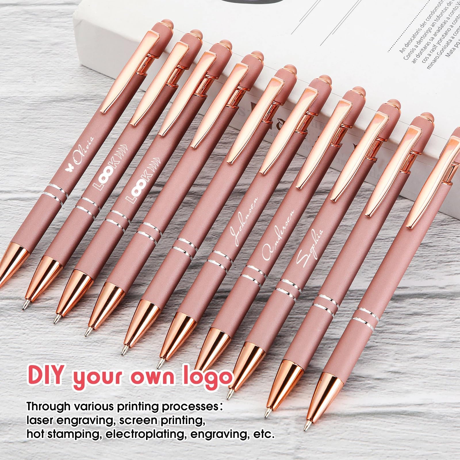 Yeaqee 100 Pieces Ballpoint Pen Bulk with Stylus Tip Click, Rose Gold