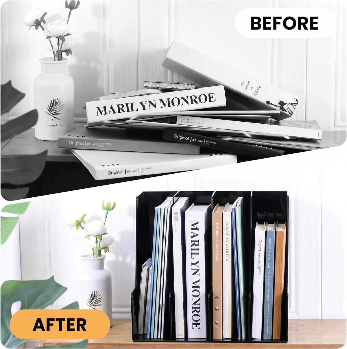 Vertical Magazine File Holder, Black File Organizer Desk Organizer and Storage Bins Holding for