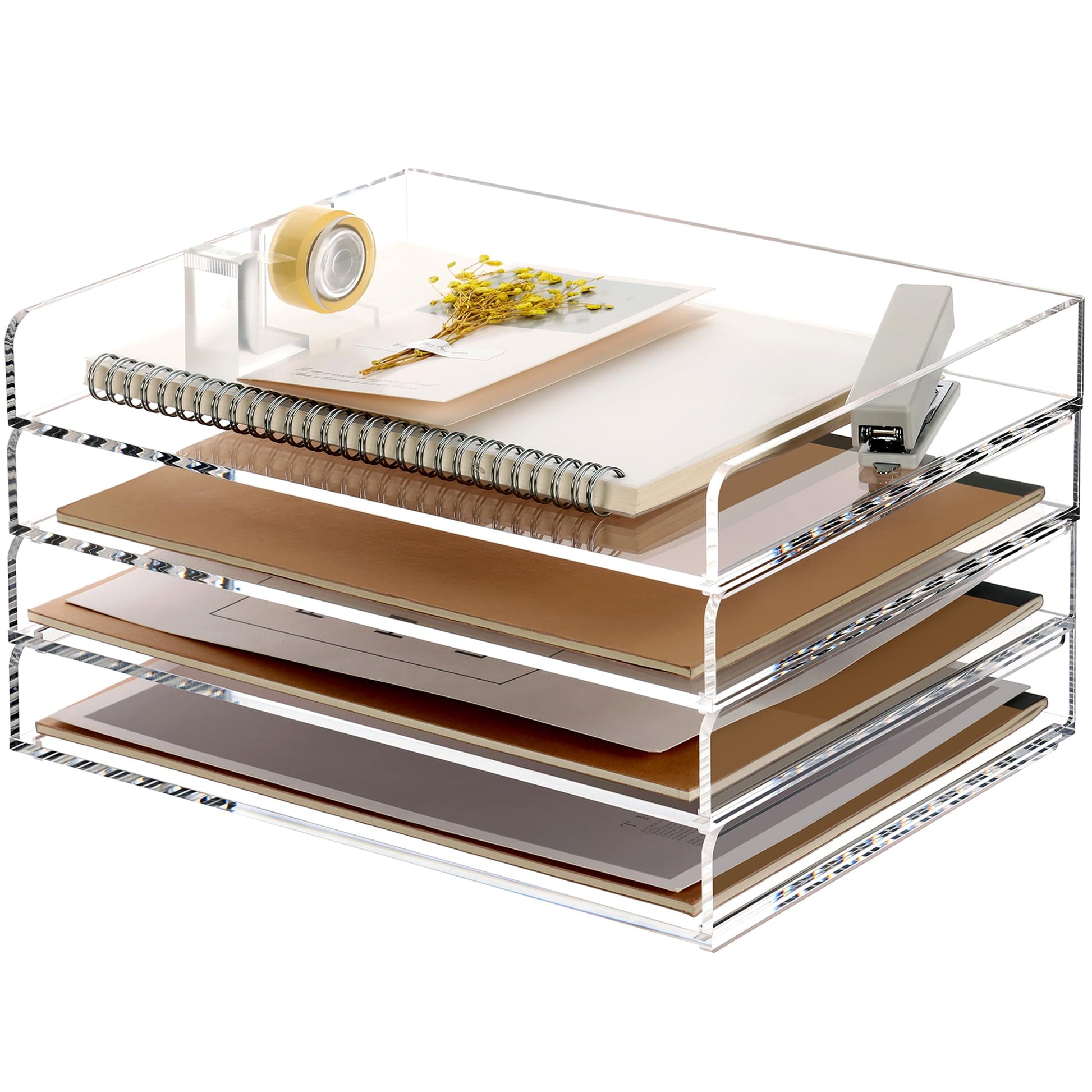 SANRUI 4 Tier Clear Desk Paper Letter Organizer Trays, A4 Stackable File Document Tray, Acrylic