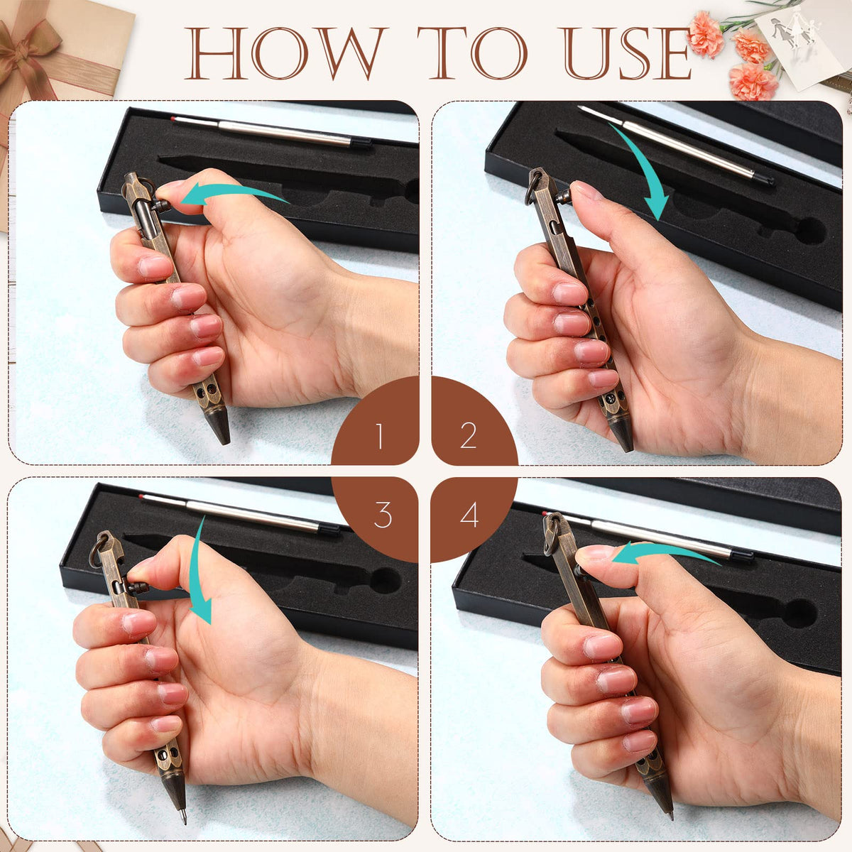 Chinco 12 Pcs Bolt Action Pen Sets Gift for Men 4 Hexagon Solid Brass Pens 8 Ink Refills Edc Pen