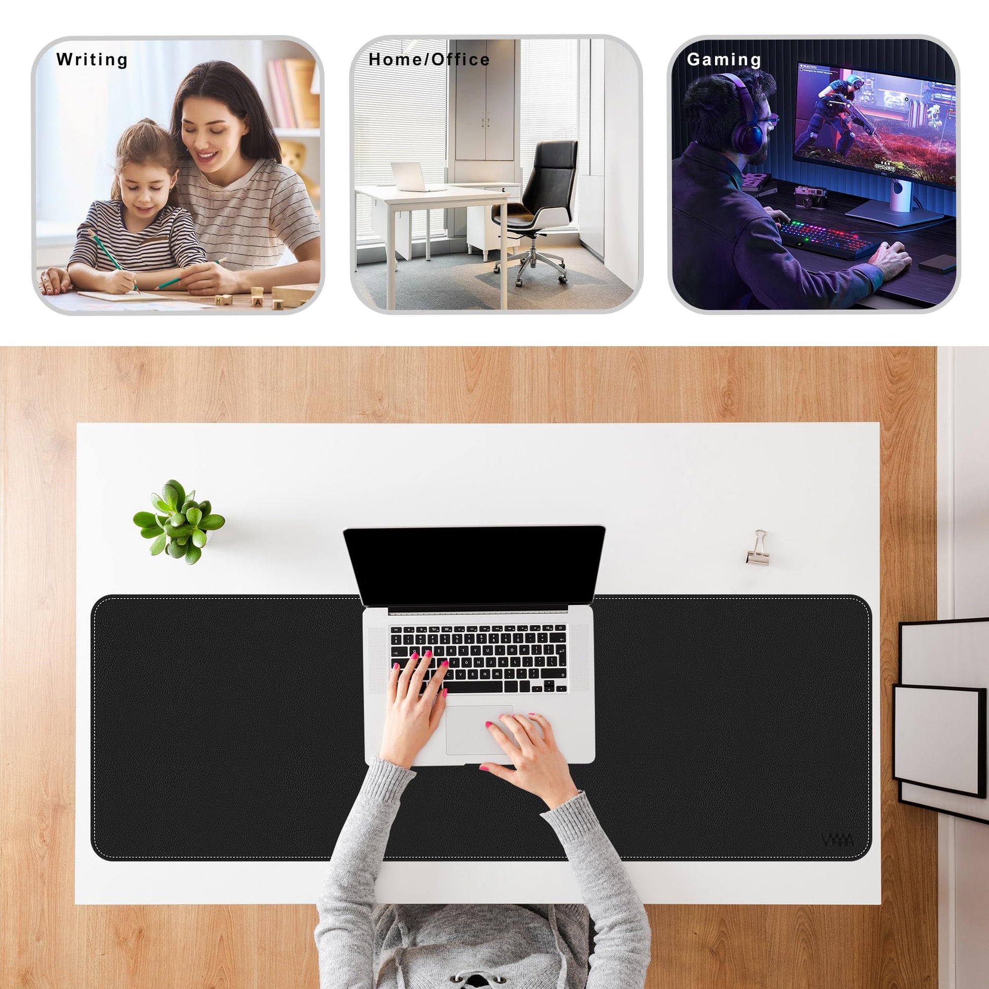 Vyaaa Cork & Leather Desk Mat, 47" x 16" Double-Sided Desk Pad, Black