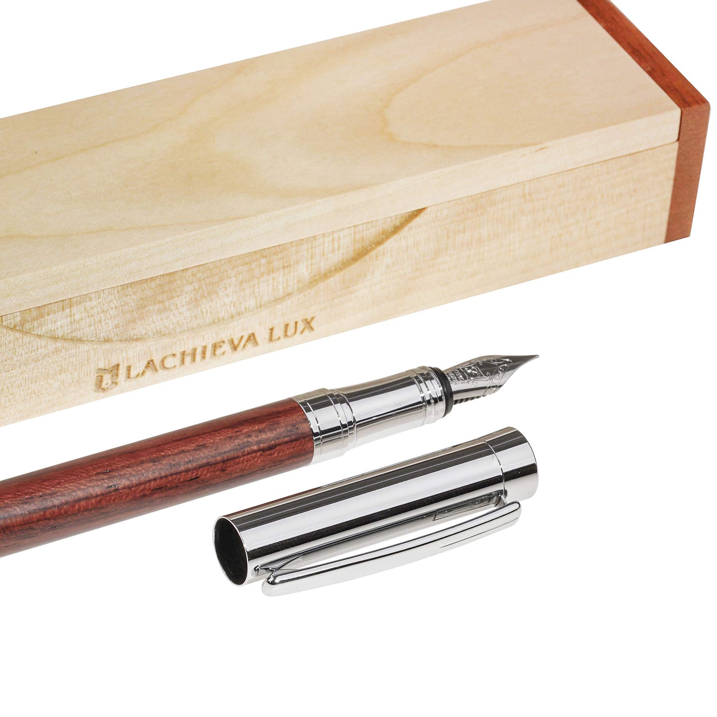 LACHIEVA LUX Rosewood Fountain Pen, German Fine Nib, Smooth Ink Flow, Wooden Gift Box with
