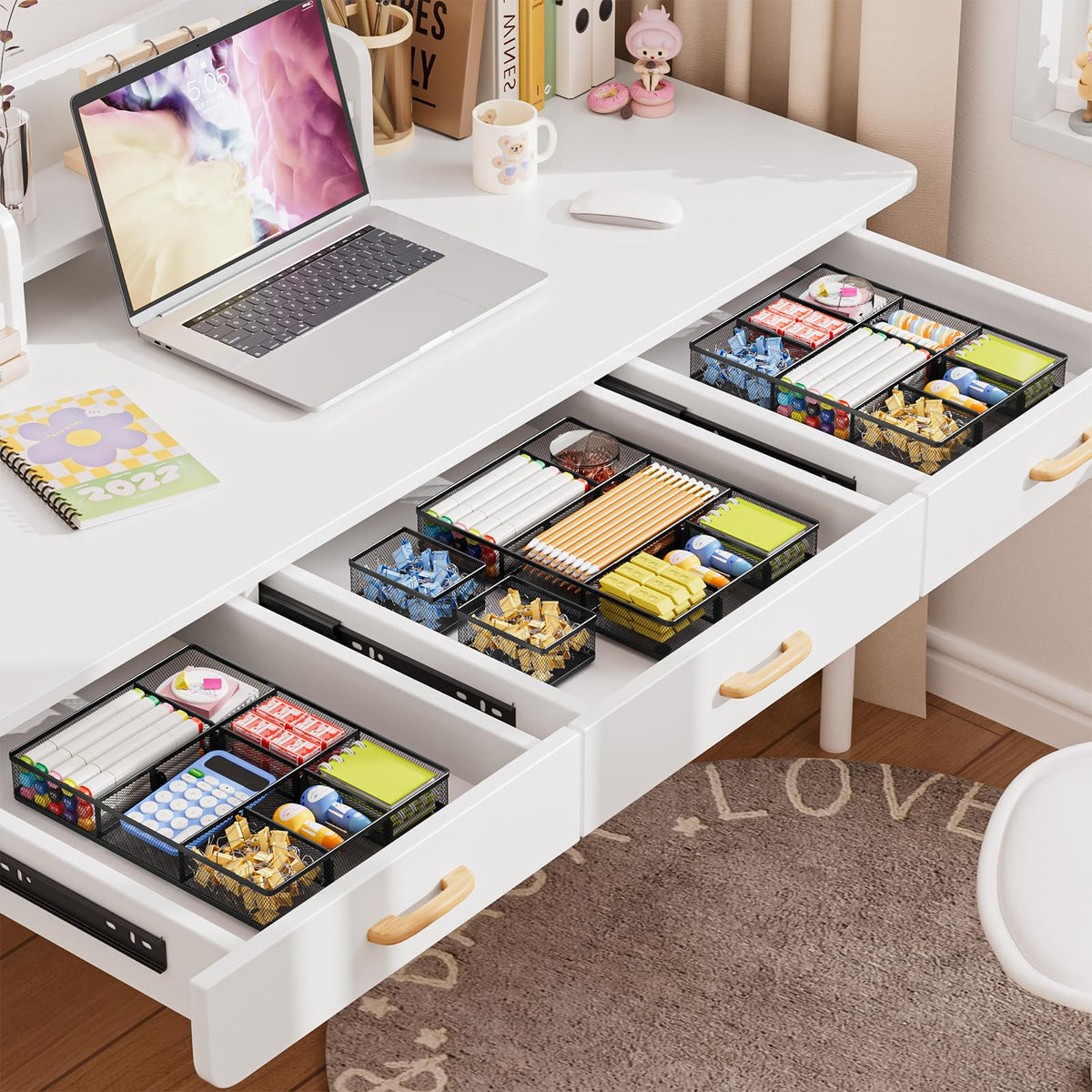 Marbrasse 3 Packs Desk Drawer Organizers, Metal Mesh Dividers Desk Drawer Organizer Tray with 9