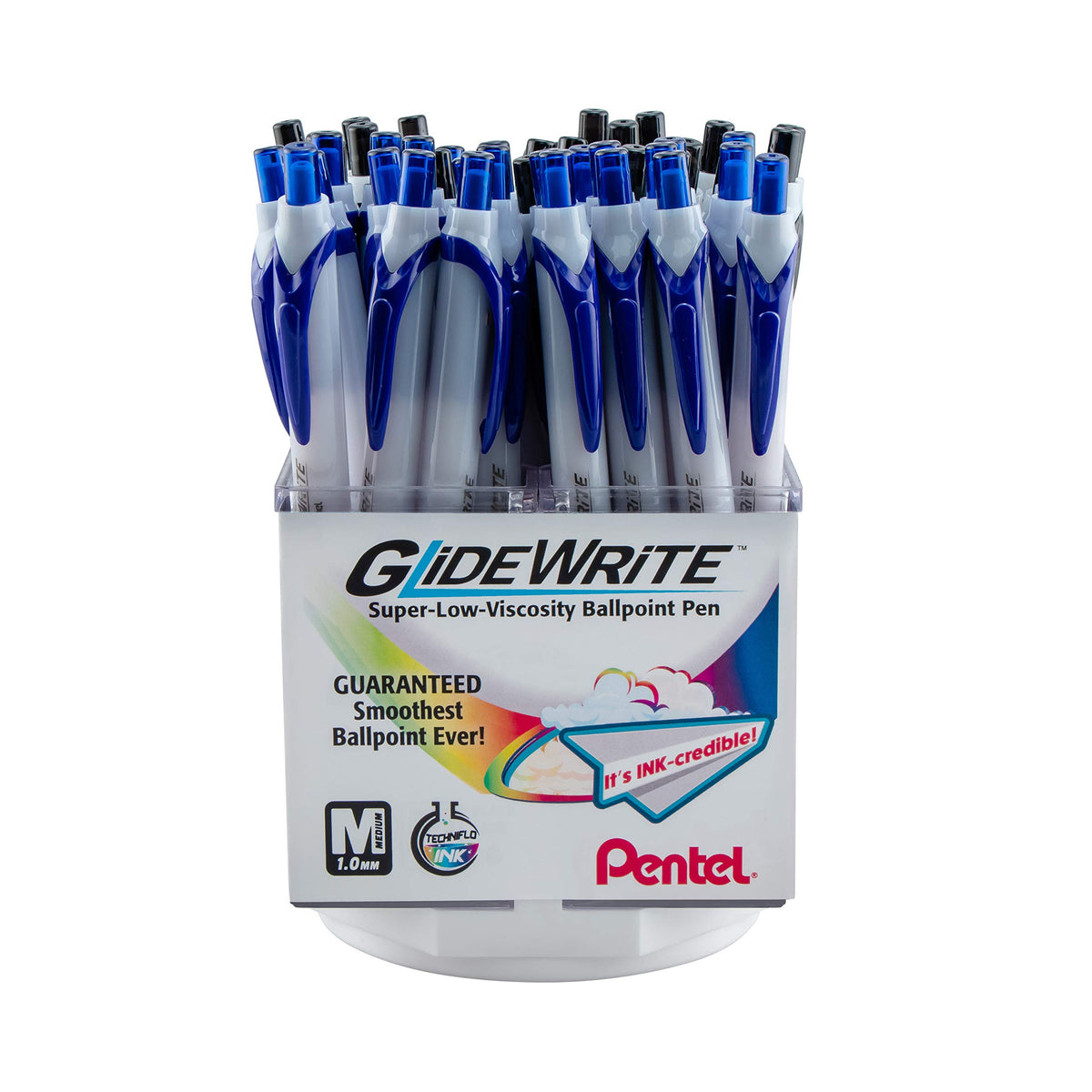 Pentel GlideWrite with TechniFlo Ink Ballpoint Pen, (1.0mm) Med. Line, Black/Blue Ink, 48 Pieces
