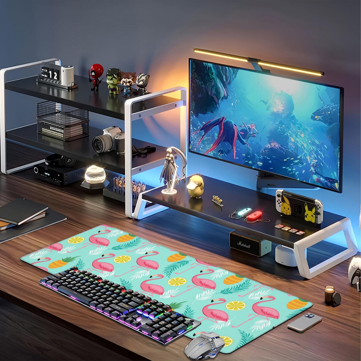 Pink Flamingo Desk Mat,Large Summer Flamingos Pineapples Tropical Leaves Gaming Keyboard Mouse