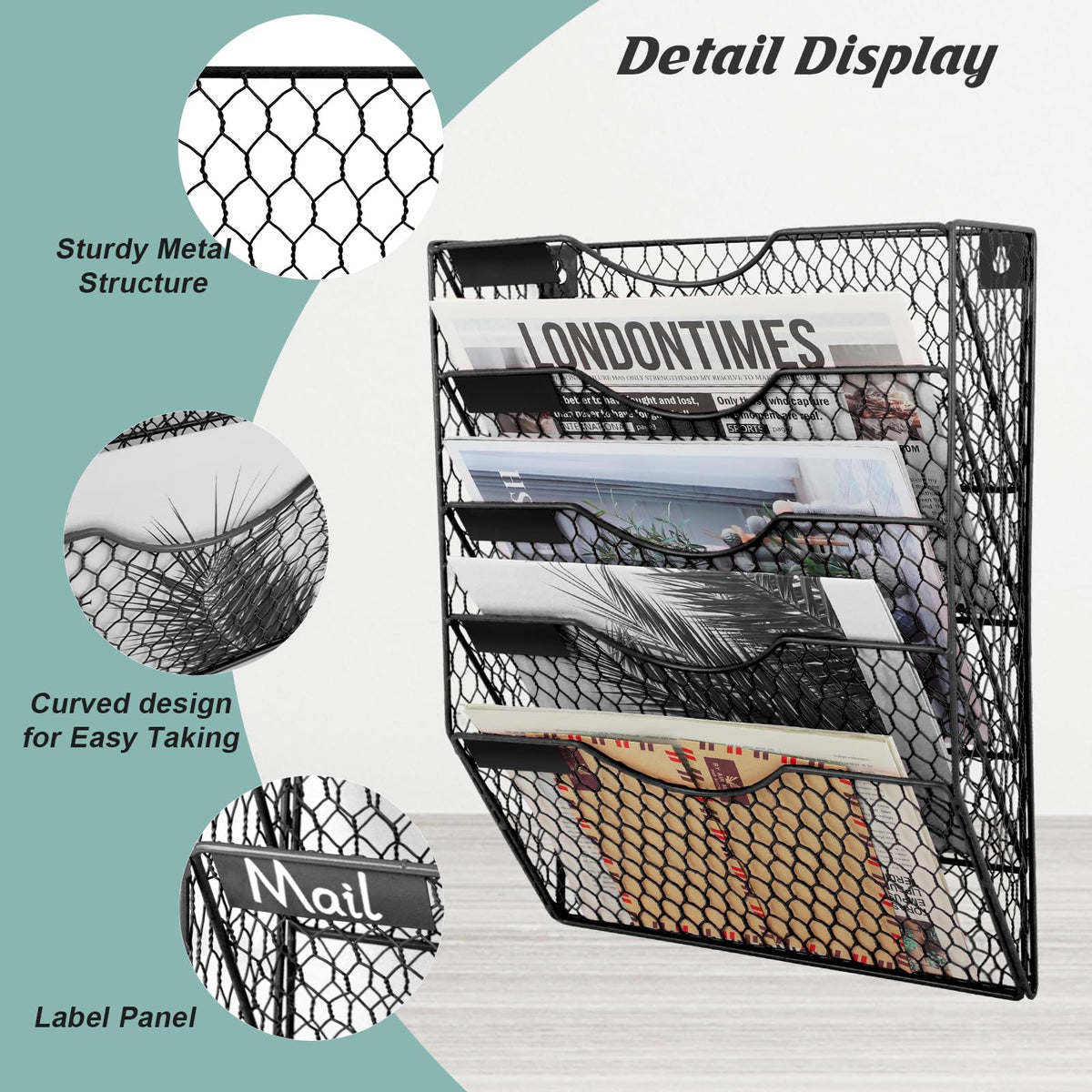EASEPRES Mail Organizer Wall Mount, 5 Tier Metal Chicken Wire Hanging File Holder Office Storage