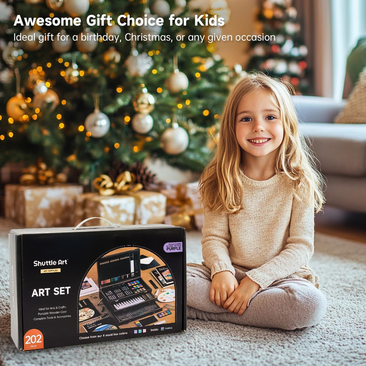 Shuttle Art Deluxe Gift Art Kit, 202-Piece Wooden Art Supplies Set with 4 Drawing Pads, Canvases