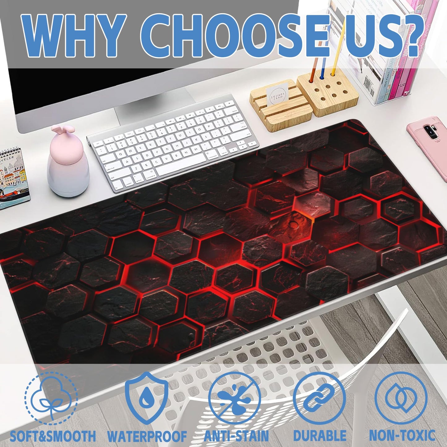 Large Gaming Mouse Pad for Desk,Red Honeycomb Science Technology Desk Mat,Honeycomb Hexagon Desk