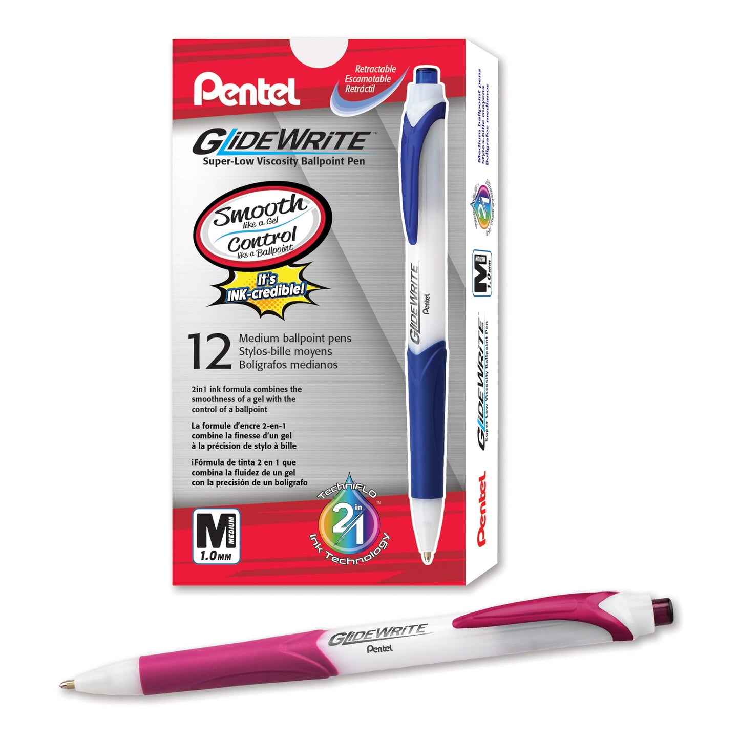Pentel GlideWrite Ballpoint Pen with TechniFlo Ink, (1.0mm) Medium Line, Burgundy Ink, Box of 12