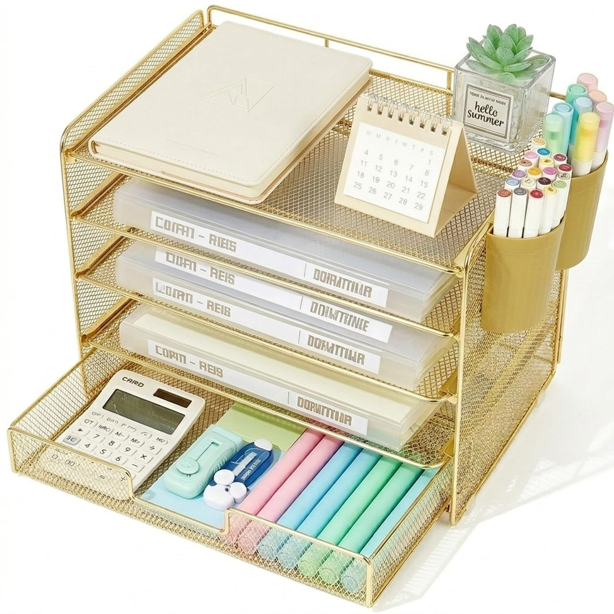 LEKETREE Desk Organizers and Accessories, 5-Tier Paper Letter Tray Organizer with Drawer & 2 Pen