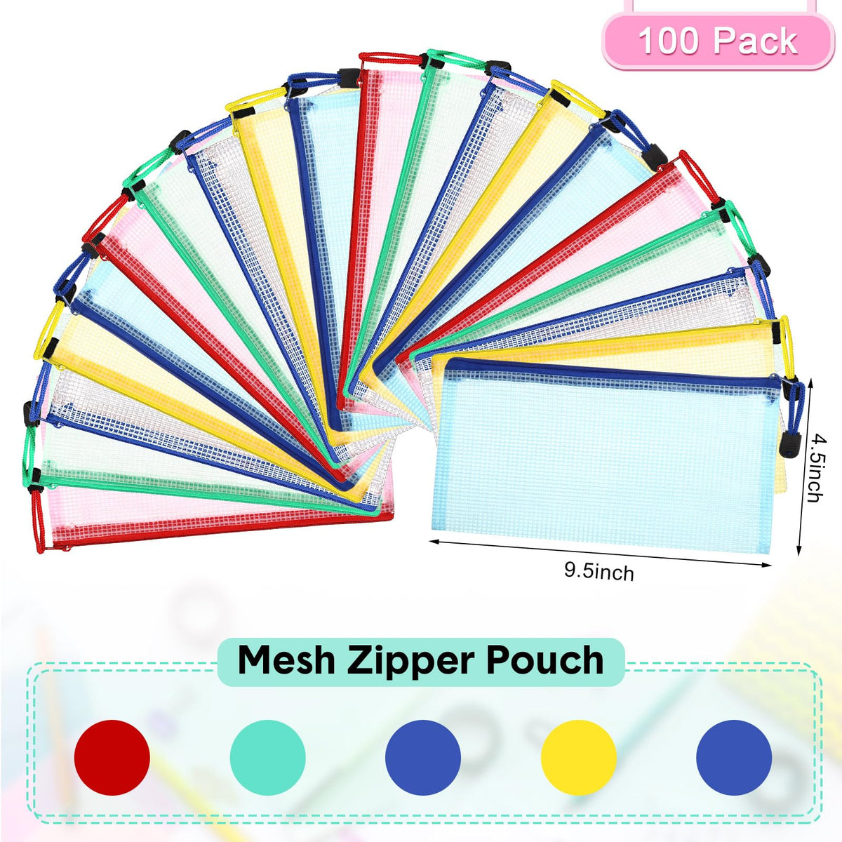 Mimorou 100 Pcs Mesh Pencil Pouch Bulk, Clear Organizer Bags, Vivid Color