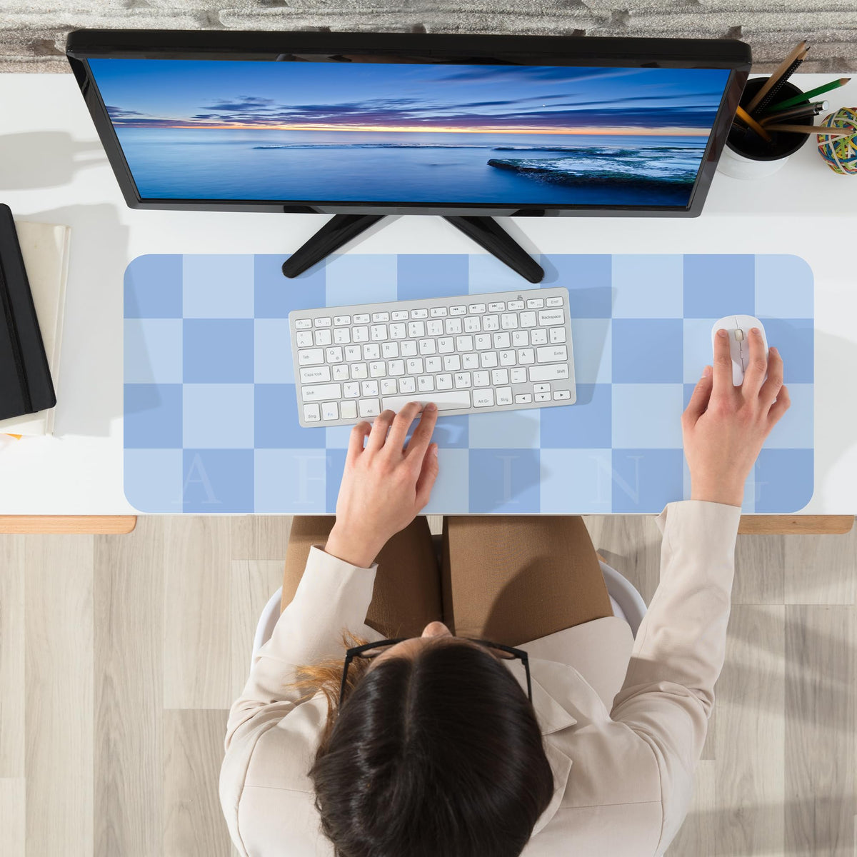 AFIING Light Blue Desk Mat 31.5" x 12", Waterproof PU Leather Desk Pad