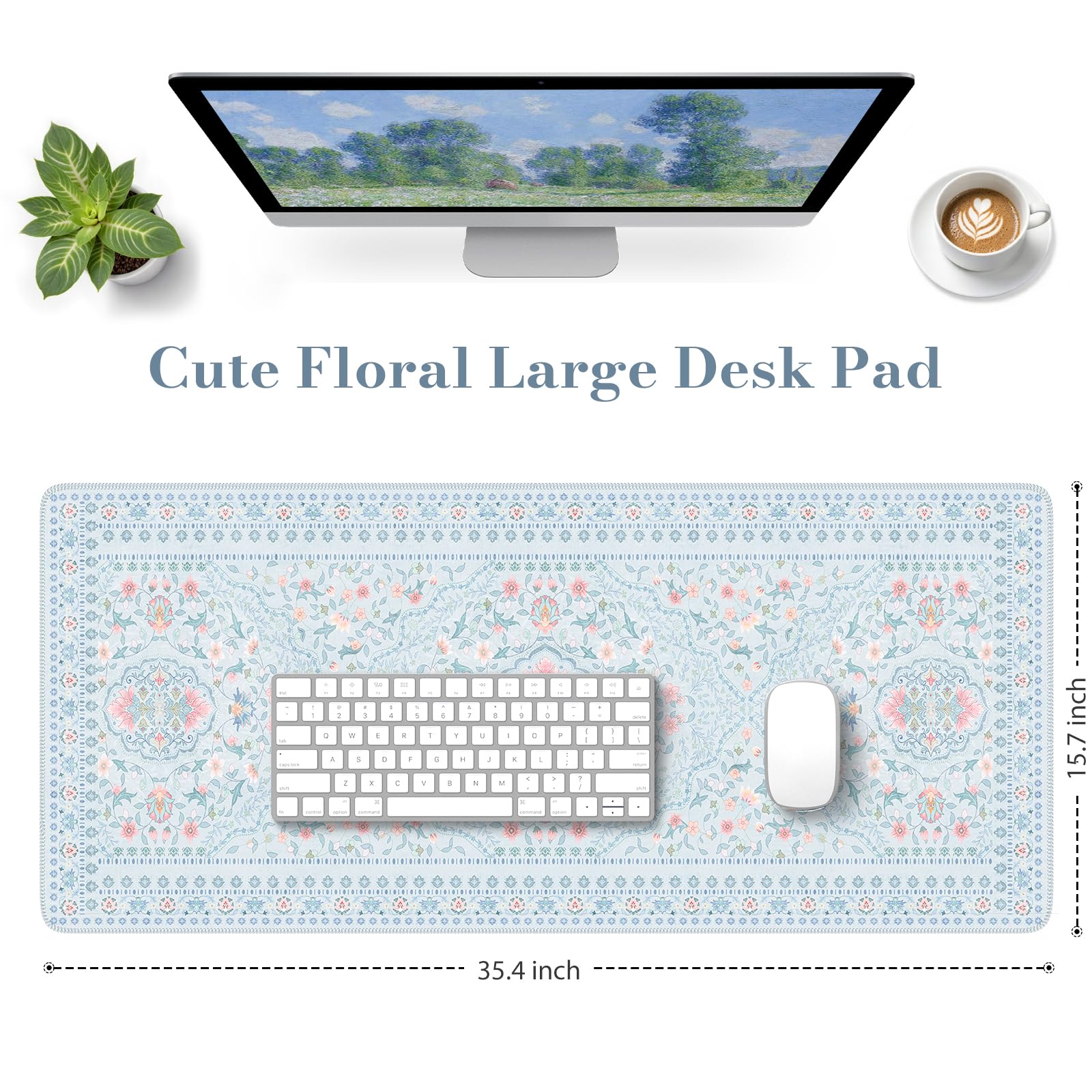 HAOCOO Floral Desk Mat, 35.4" x 15.7" Mouse Pad for Home Office School Blue
