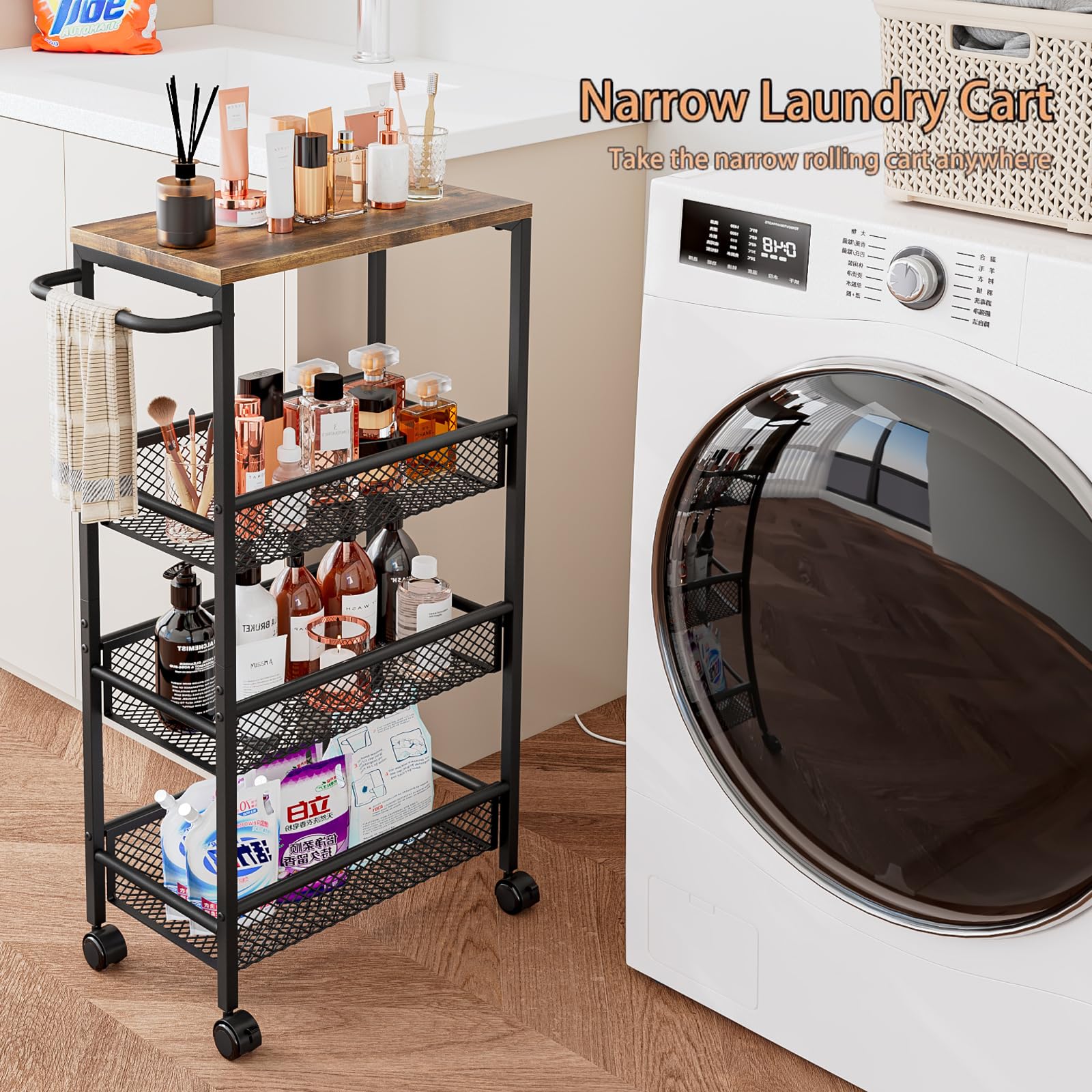 AZERPIAN Slim Rolling Cart 4 Tier Narrow Storage Cart on Wheels with Handle